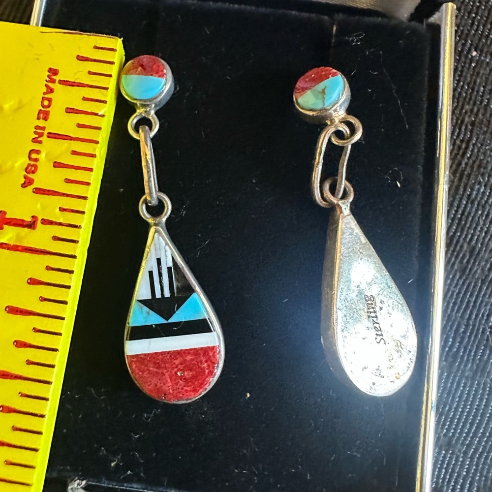 Sterling Teardrop Inlay Dangle Earrings - Turquoise & Coral-missing stone - Picture 2 of 2